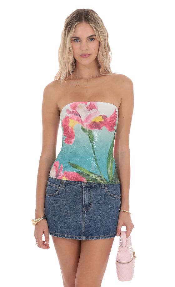Floral Sequin Top in Tropical Print