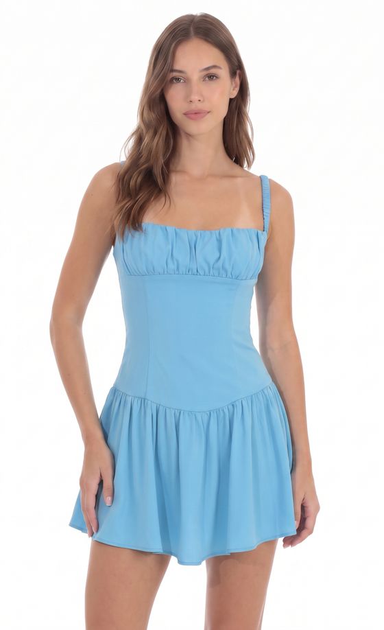 Ruched Fit and Flare Mini Dress in Aqua Blue