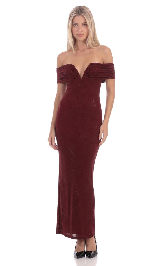 Rhinestone Off-the-Shoulder Maxi Dress in Burgundy
