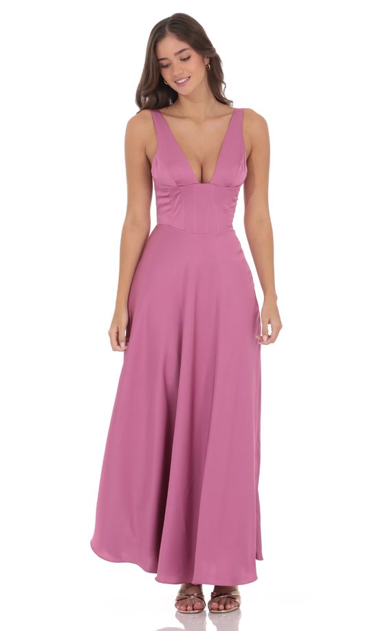 Satin Plunge Neck Corset Maxi Dress in Mauve