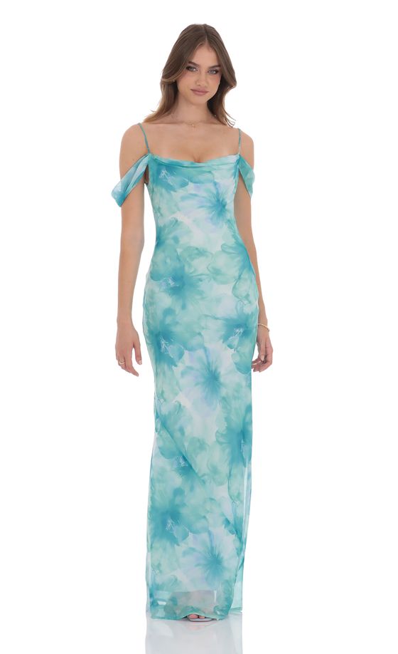 Floral Off Shoulder Maxi Dress in Aquamarine