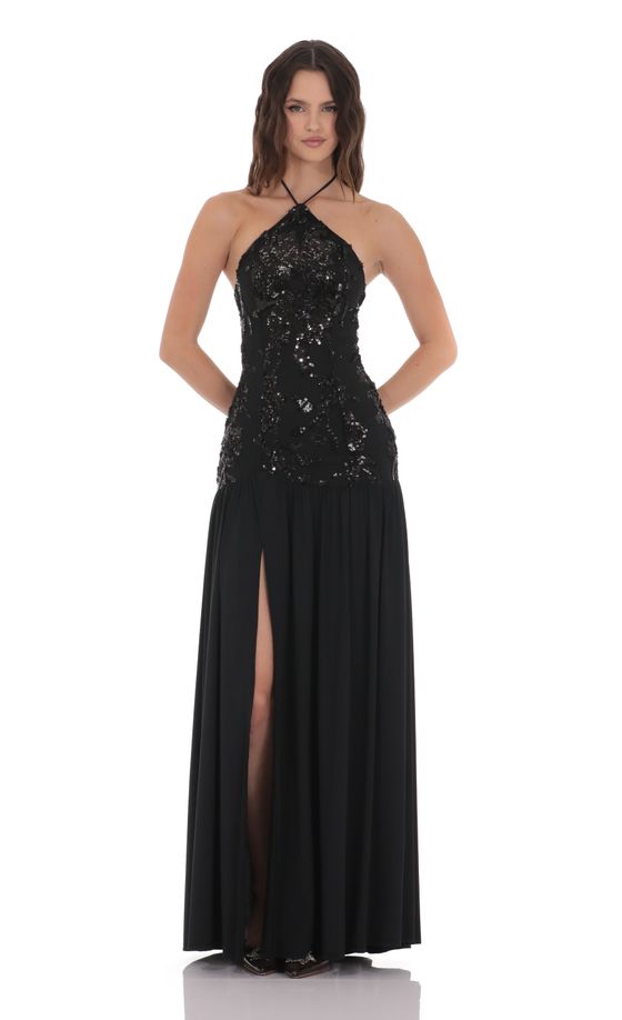 Drop Waist Sequin Maxi Dress in Black