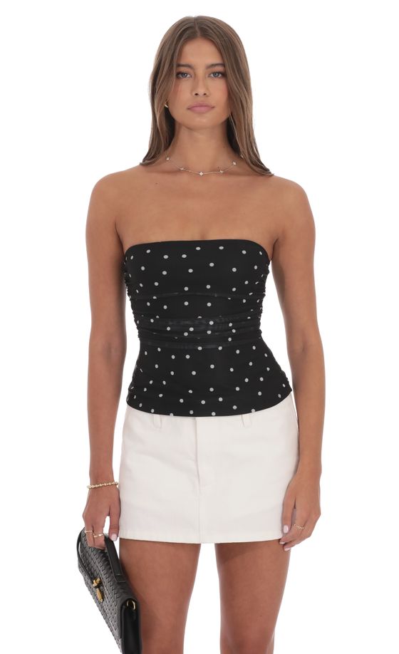 Mesh Polka Dot Ruched Tube Top in Black