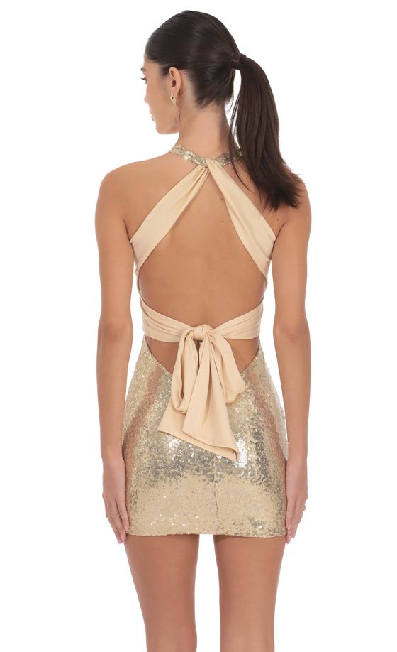 Sequin Twist V-Neck Bodycon Dress in Gold