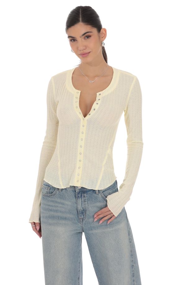 Textured Ribbed Button Top in Pastel Yellow