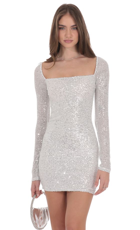 Sequin Long Sleeve Dress in Silver