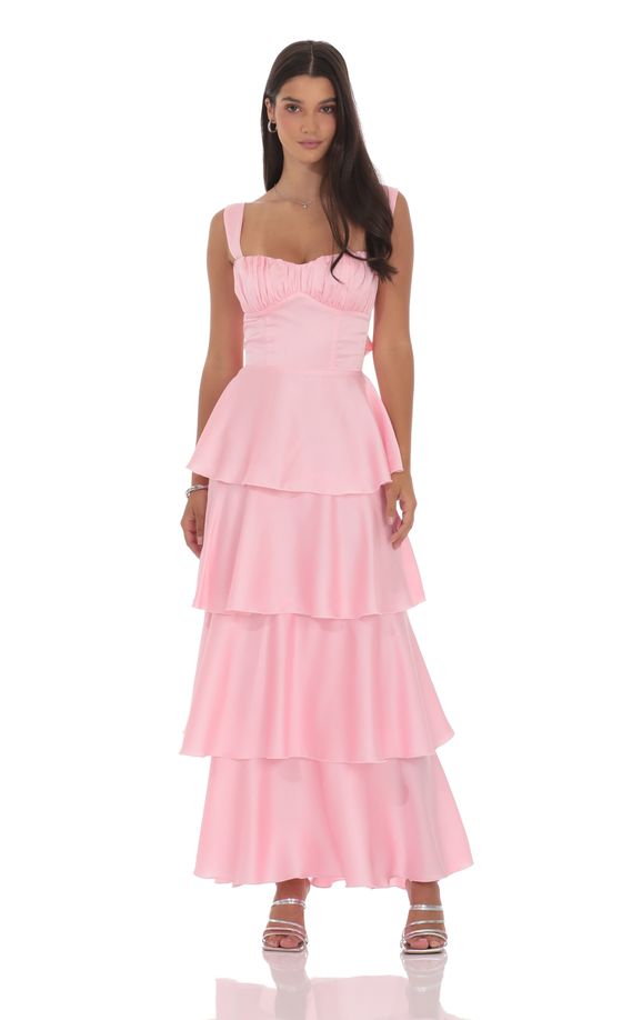 Satin Ruffle Maxi Dress in Pink