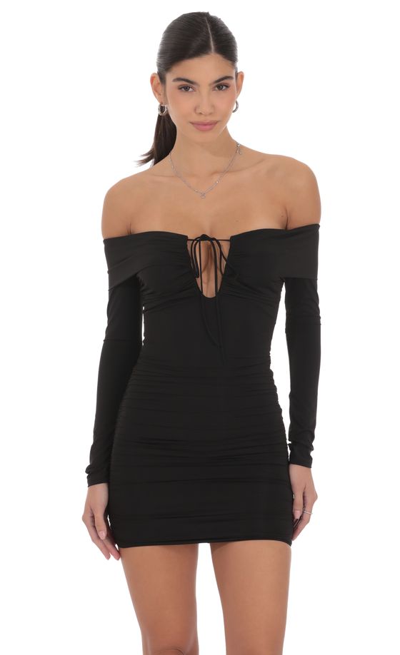 Plunge Off Shoulder Bodycon Dress in Black