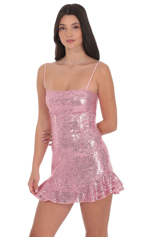 Sequin Ruffle Dress in Pink