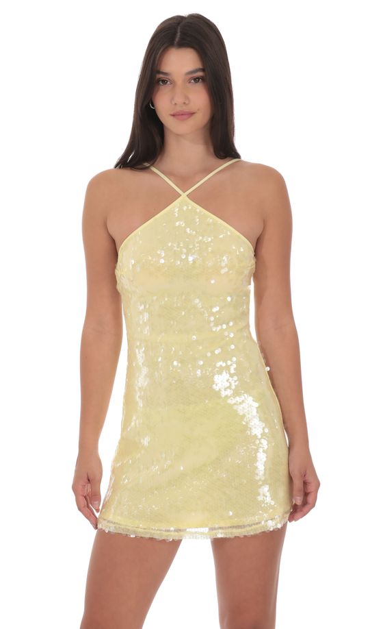 Sequin Halter Dress in Yellow