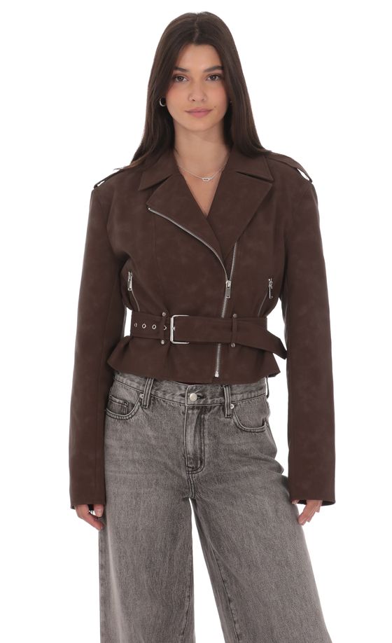 Faux Leather Cropped Moto Jacket in Brown