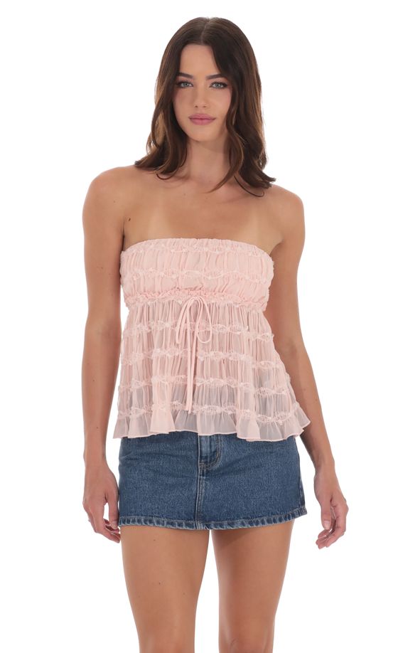 Smocked Strapless Babydoll Top in Pink