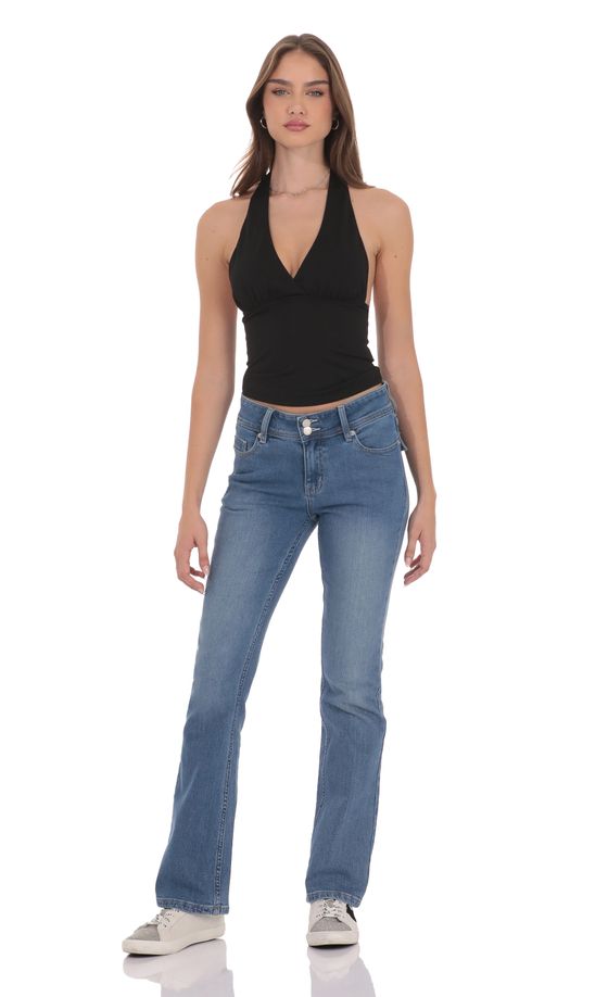 Double Button Slim Flare Jeans in Blue