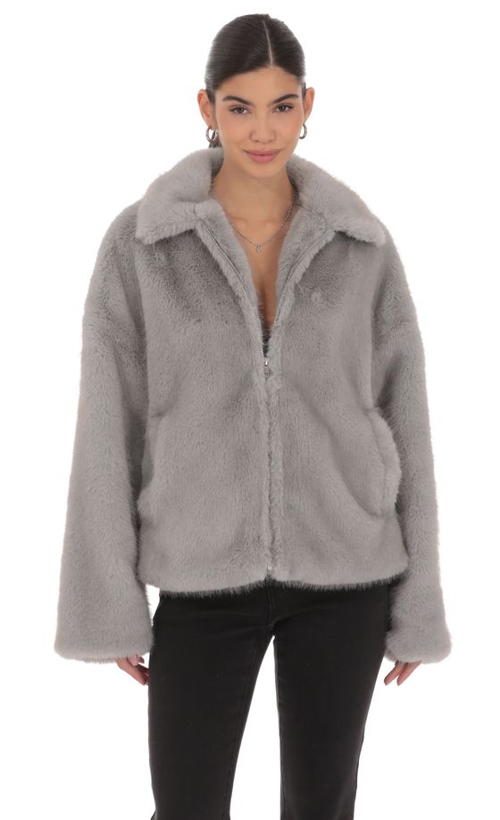 Zip-Up Faux Fur Jacket in Grey