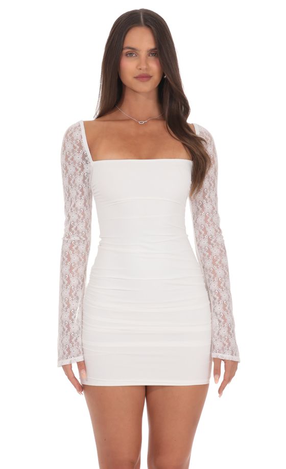 Sheer Lace Ruched Long Sleeve Mini Dress in White