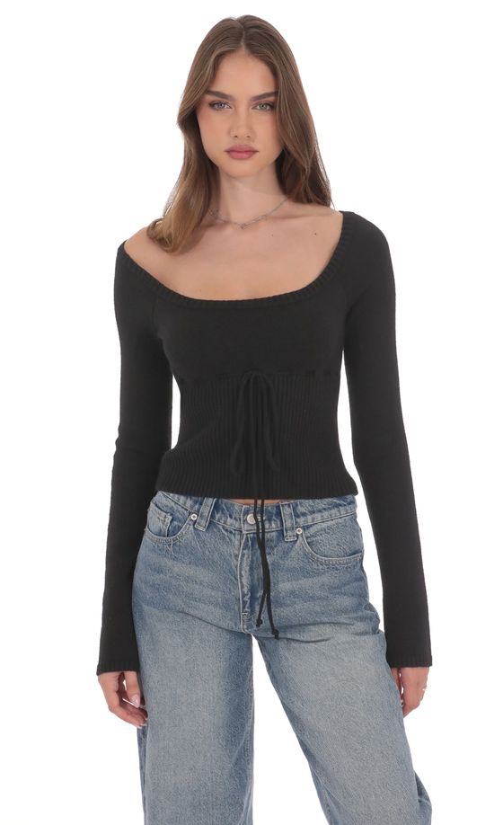 Knit Cinch Drawstring Top in Black