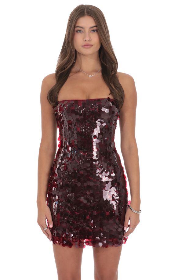 Strapless Circle Sequin Dress in Burgundy