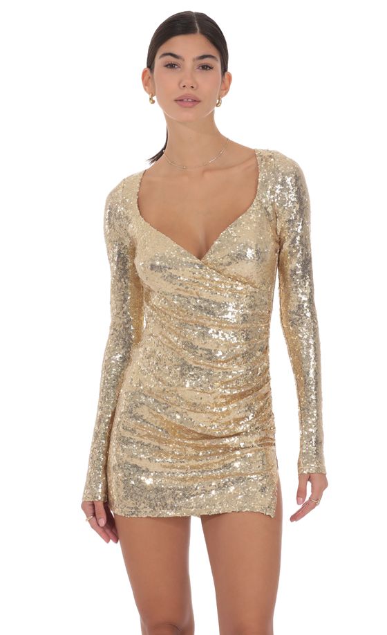 Sequin V-Neck Long Sleeve Dress in Gold