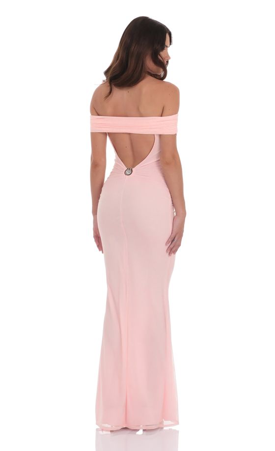 Mesh Embellished Off Shoulder Maxi Dress in Pink