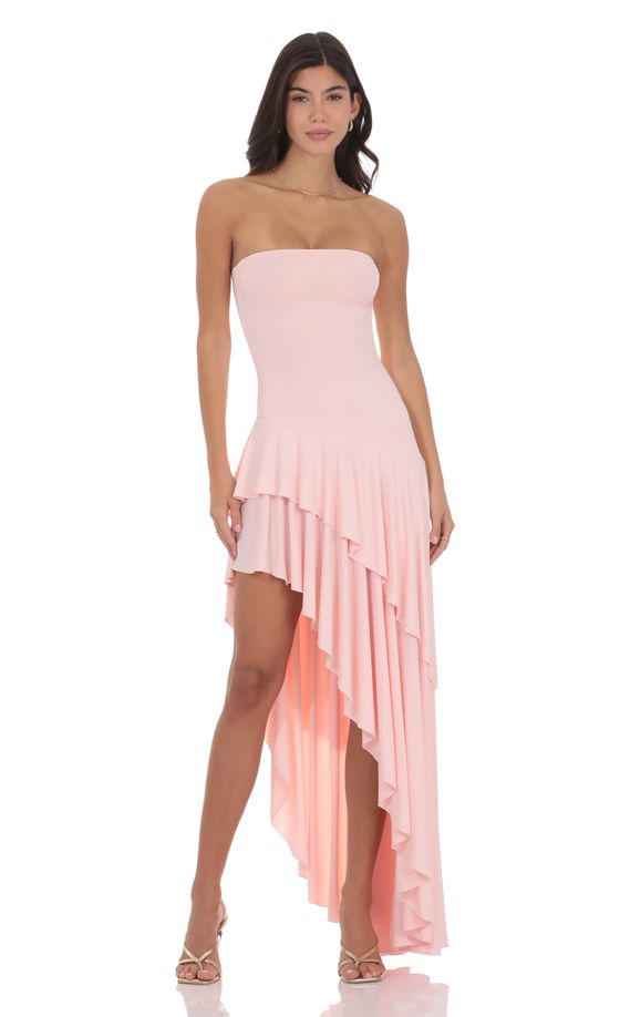 Strapless Ruffle Asymmetrical Maxi Dress in Baby Pink