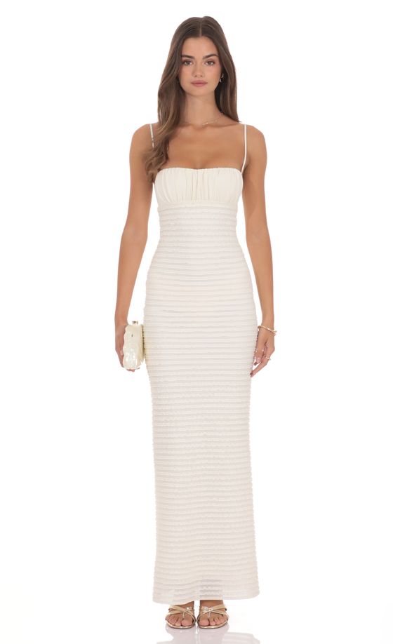 Strapless Ruched Textured Maxi Dress in Ivory
