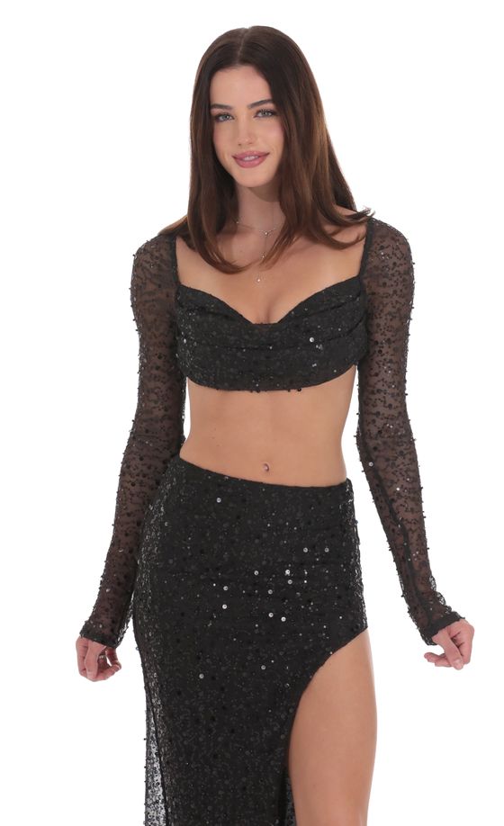 Sequin Beaded Long Sleeve Crop Top in Black