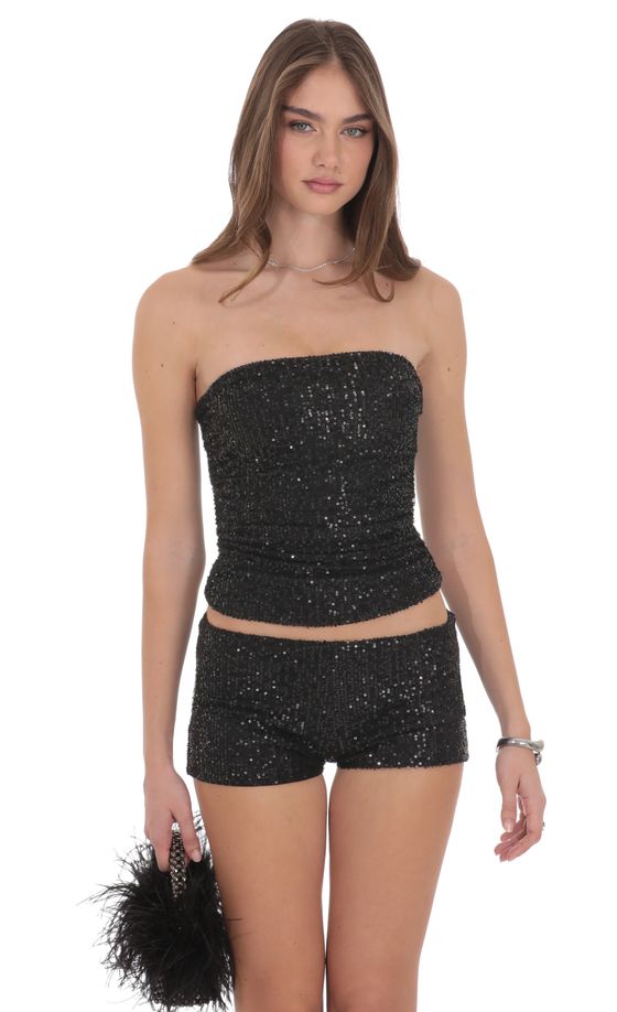 Sequin Ruched Tube Top in Black