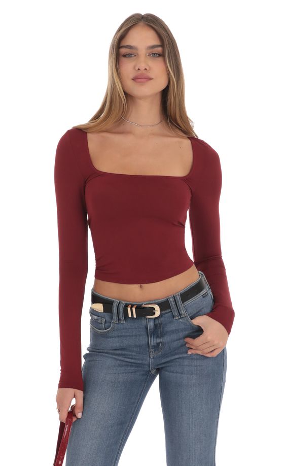 Scoop Neck Long Sleeve Top in Burgundy