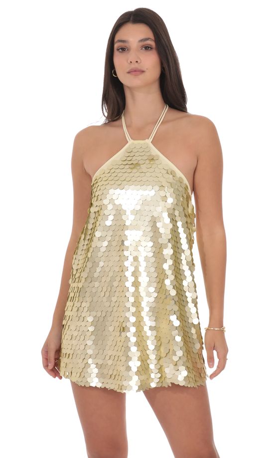 Circle Sequin Halter Shift Dress in Gold
