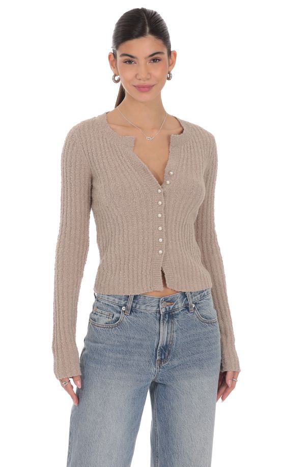 Ribbed Knit Cardigan in Light Brown