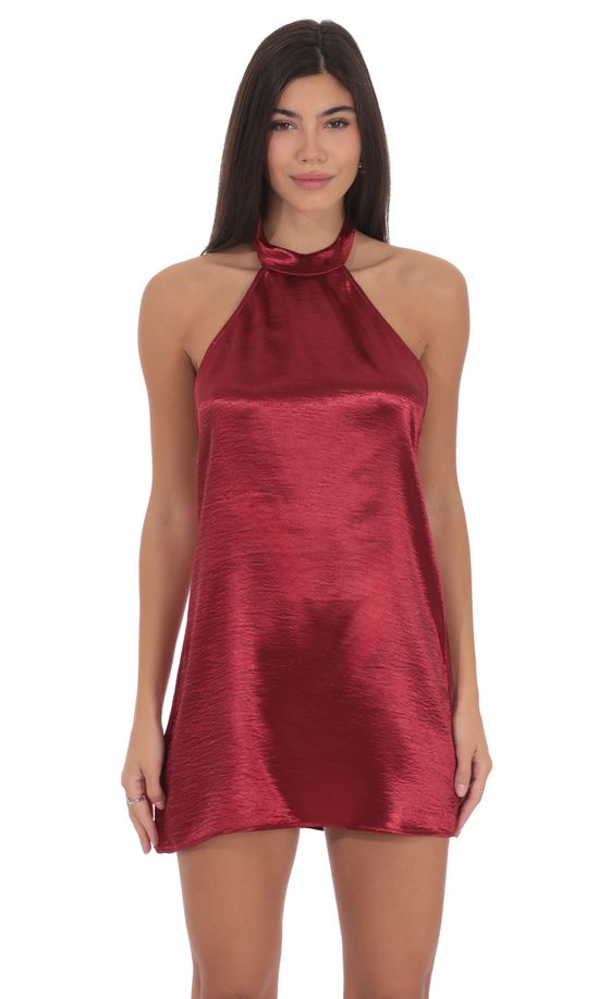 Satin Halter Shift Dress in Maroon