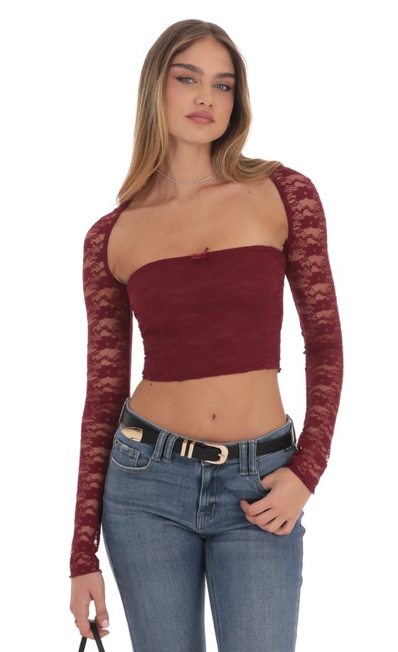 Lace Long Sleeve Top in Burgundy