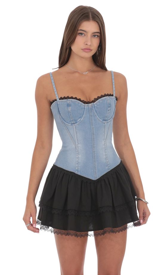 Two Toned Denim Ruffle Dress in Blue and Black