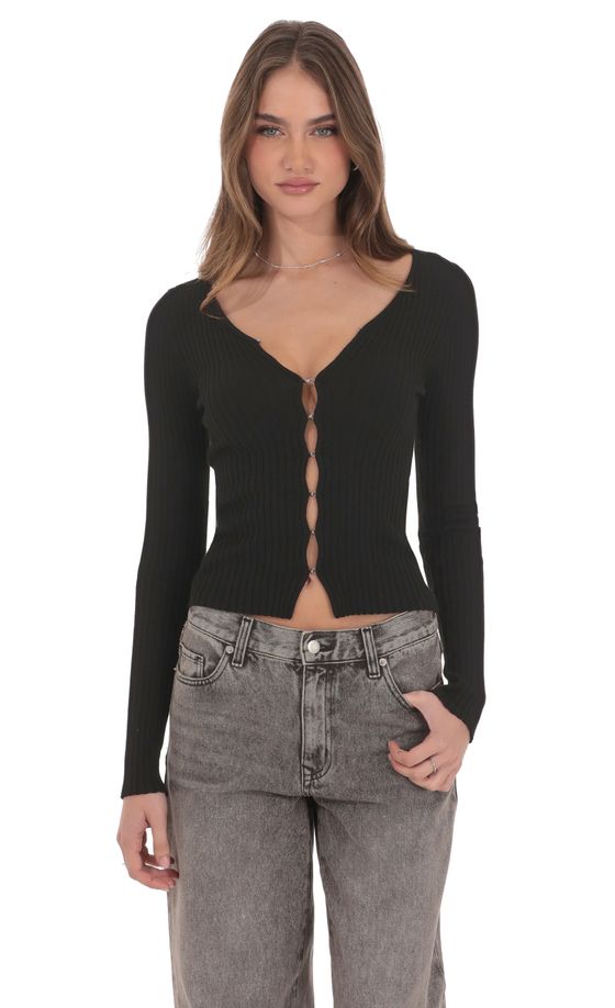 Ribbed Hook and Eye Cardigan in Black