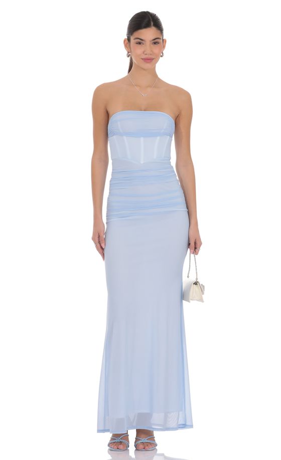Mesh Strapless Corset Maxi Dress in Light Blue