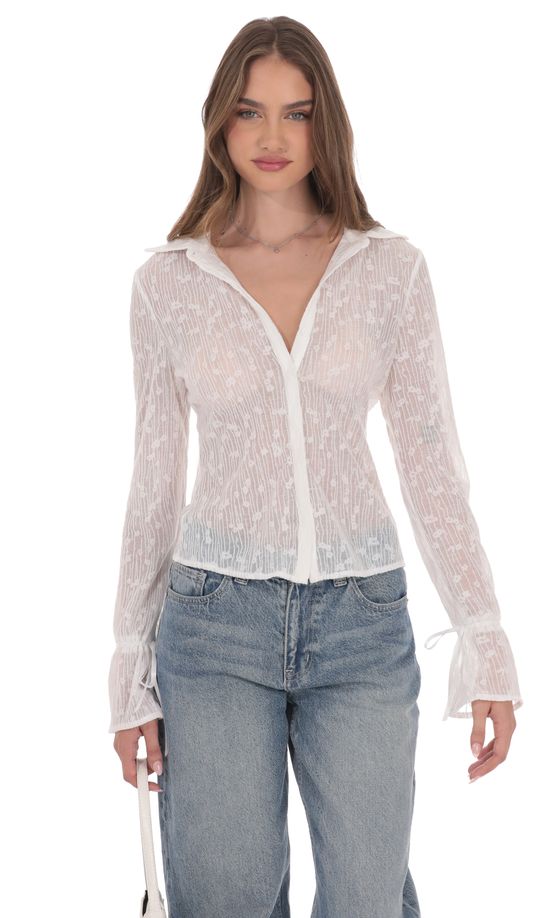Sheer Mesh Button-Up Top in White