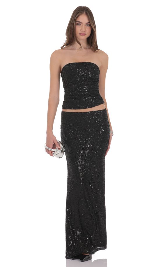 Sequin Maxi Skirt in Black