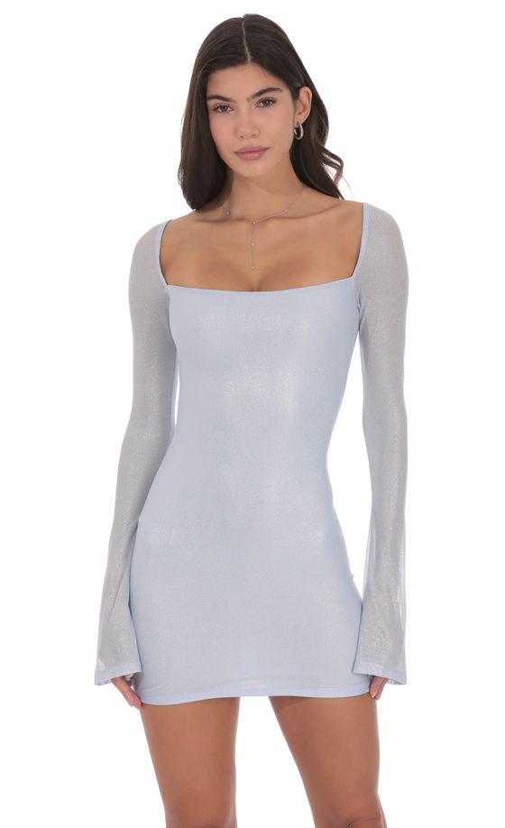 Foil Long Sleeve Bodycon Dress in Baby Blue