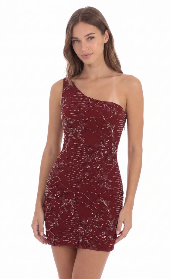 Floral One-Shoulder Mini Dress in Burgundy