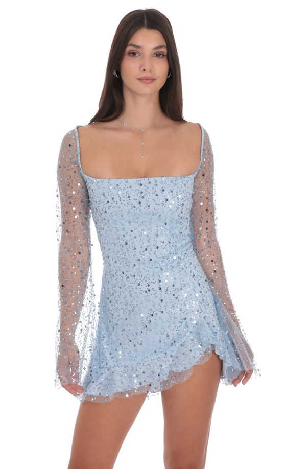 Sequin Flare Long Sleeve Dress in Light Blue