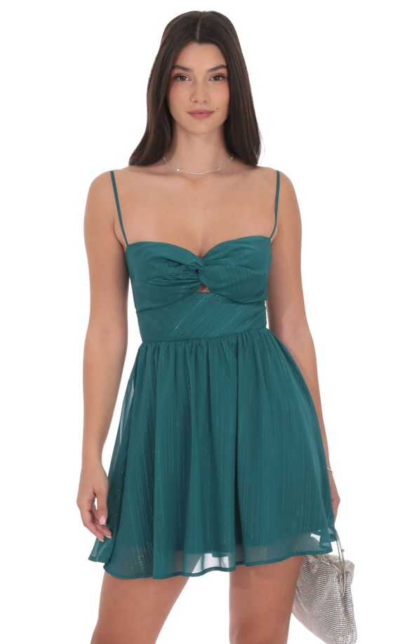Shimmer Front Twist A-line Dress in Teal