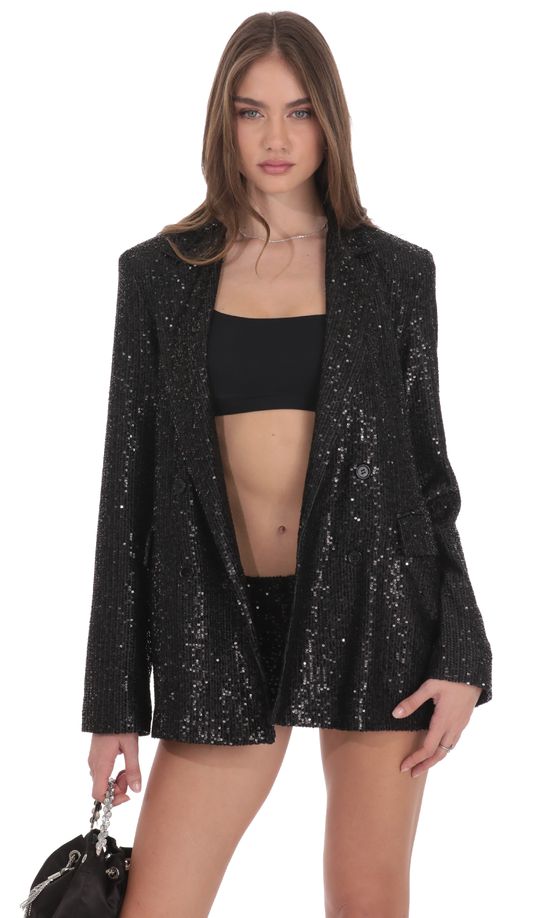 Double Breasted Sequin Blazer in Black