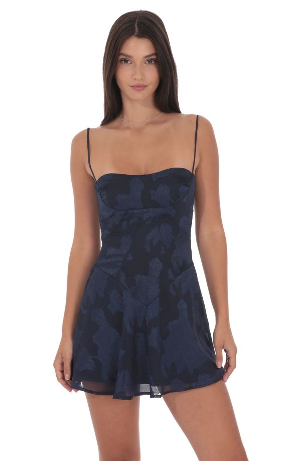 Textured Floral A-line Dress in Navy