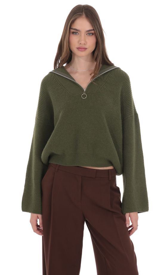 Knit Quarter-Zip Jumper in Green