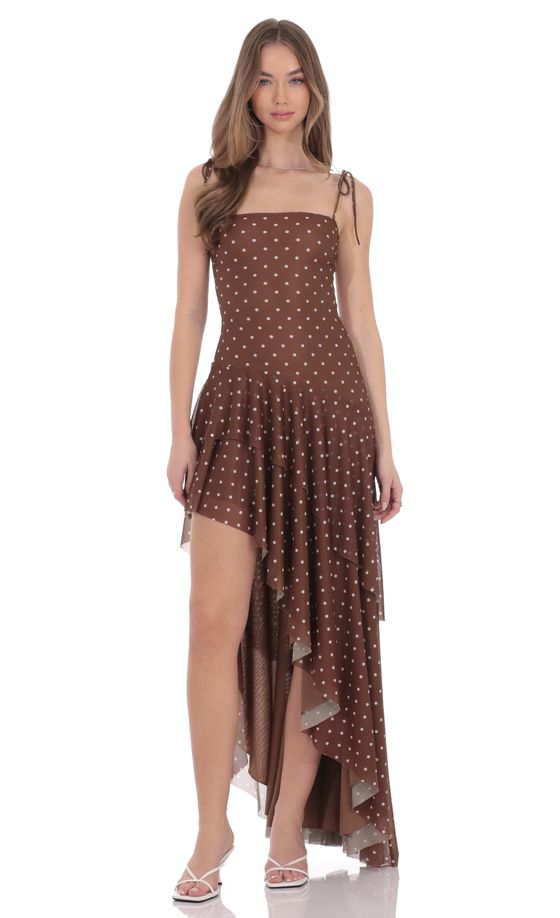 Polka Dot Asymmetrical Maxi Dress in Brown