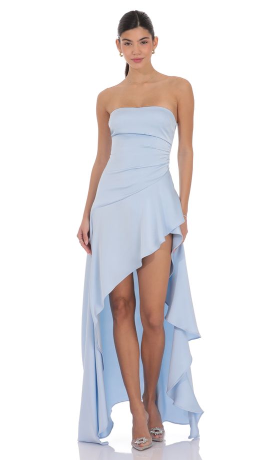 Satin High Low Maxi Dress in Light Blue