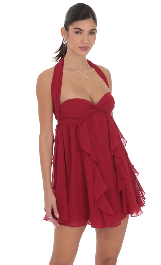 Halter Ruffle Babydoll Dress in Maroon