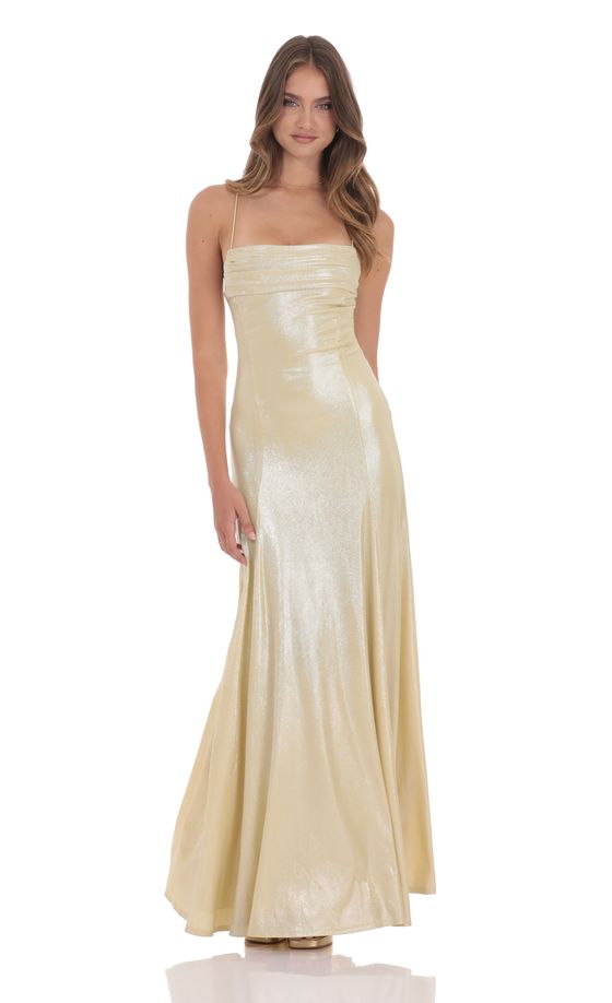 Shimmer Draped Open Back Maxi Dress in Gold