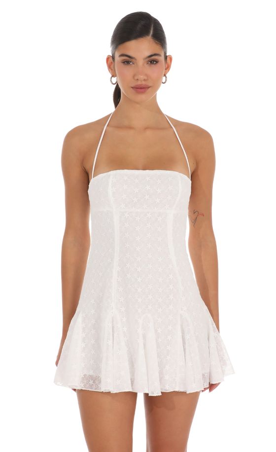 Embroidered Floral Flared Mini Dress in White