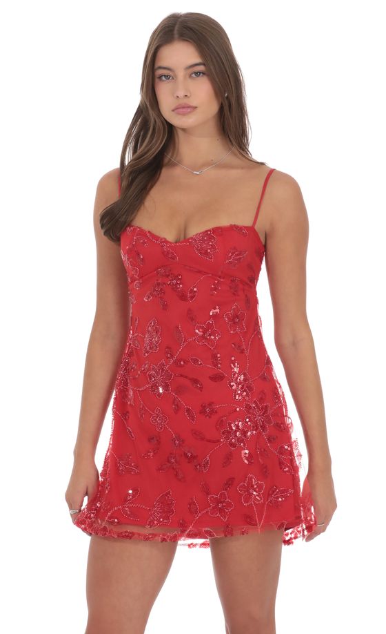 Sequin Embroidered Floral Babydoll Dress in Red